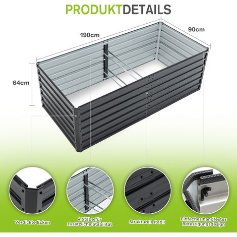Jardinière surélevée en métal 190 x 90 x 64 cm – bac à fleurs & potager avec fond ouvert, drainage optimal, résistant intempéries/rouille – idéal légumes, fleurs, terrasse, jardin – Noir (1/4)