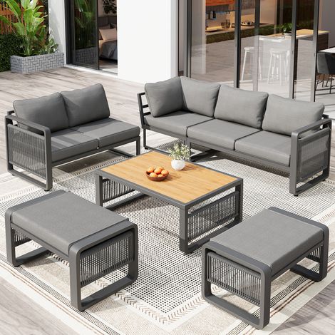 Set di mobili da giardino per 6-7 persone, composto da divano angolare e 2 sgabelli, in corda intrecciata a mano, cuscini inclusi, piedini regolabili, colore grigio