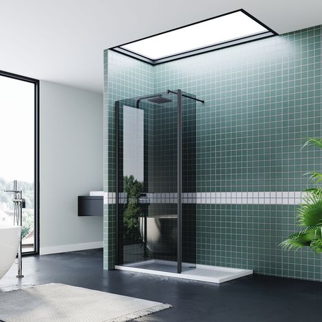 ELEGANT 700mm Grey Walk in Shower Door with 300mm Matte Black Flipper Panel 8mm Nano Coated Wet Room Shower Enclosure and 1100x800mm Shower Tray and Waste Trap (1/5)