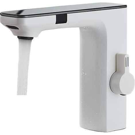 Robinet de cuisine Robinet de lavabo à capteur intelligent gris pistolet, mitigeur d'eau chaude et froide à écran d'affichage numérique, robinet sans contact de vanité for lavabo de salle de bains(Whi (1/5)