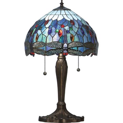 Interiors Dragonfly Blue - Lampada da tavolo piccola a 2 luci bronzo scuro, blu, vetro stile Tiffany, E27 (1/4)
