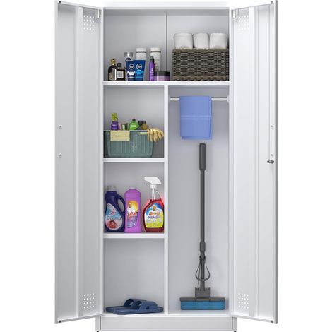 Armoire à Balais en Acier avec Ventilation et Fermeture Magnétique, Multifonction pour Aspirateur, Produits de Nettoyage, Linge et Accessoires Ménagers, 70 x 30 x 165 cm, Blanc (1/5)