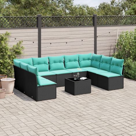 10-teiliges Gartensofa-Set mit Kissen, schwarzes Polyrattan (1/5)