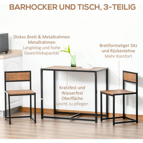 Ensemble table de bar 3 pièces, 2 tabourets et 1 table surélevée (90 cm x 47 cm x 76 cm), teinte brune et noire. (1/4)