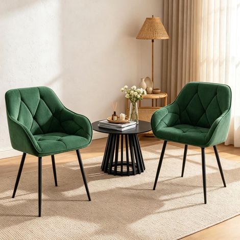 Set de 2 sillas de comedor verde oscuro de terciopelo con reposabrazos ergonómicos (1/5)