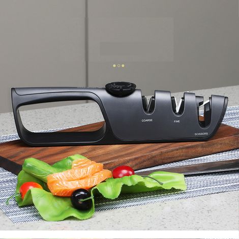 Verstellbarer Winkelmesserschärfer für Taschen- und Küchenmesser – 3-stufiger Keramikschärfer für EDC-Messer mit Scherenschlitz, rutschfester Unterseite und ergonomischem Griff (1/5)