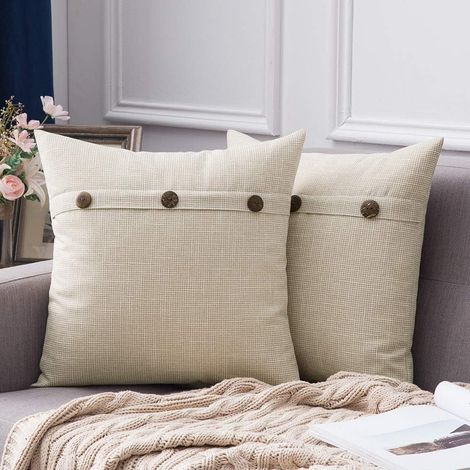 Lot de 2 housses de coussin carrées décoratives en lin, style rustique vintage, pour chambre, voiture, canapé, 45 x 45 cm, blanc lait. (1/5)