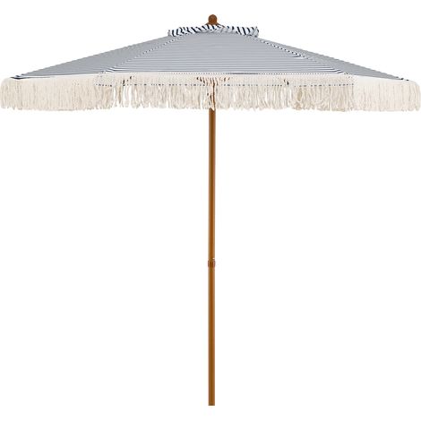 Costway – Parasol de jardin 210 cm – Toile en polyester ventilée – Mât en aluminium grain de bois – 6 baleines – Franges en coton – Bleu (1/5)