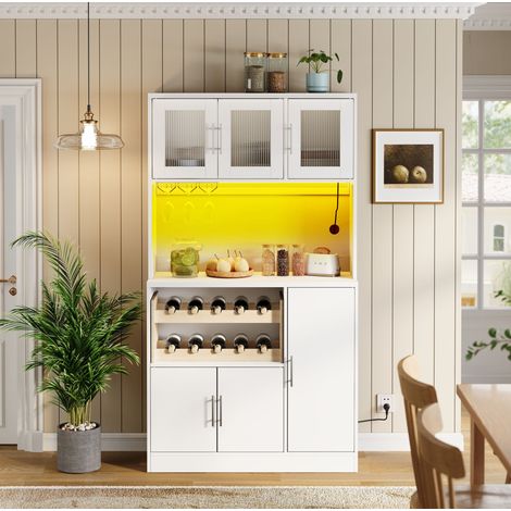 Credenza da cucina in MDF bianco con LED RGB, presa 2 porte e USB, portabicchieri e portabottiglie, 100x40x180 cm (1/5)
