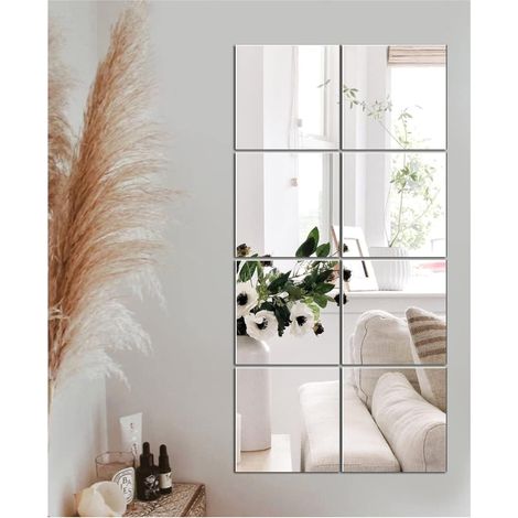 8 Pièces Miroir Adhésif Verre Poli 20.5x20.5cm Décoration Murale Salon Chambre