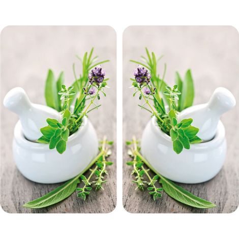 Protection plaque de cuisson, couvre plaque de cuisson en verre "Herbes", Lot de 2, verre trempé, Pour toutes plaques, 30x52 cm, Multicolore (1/5)