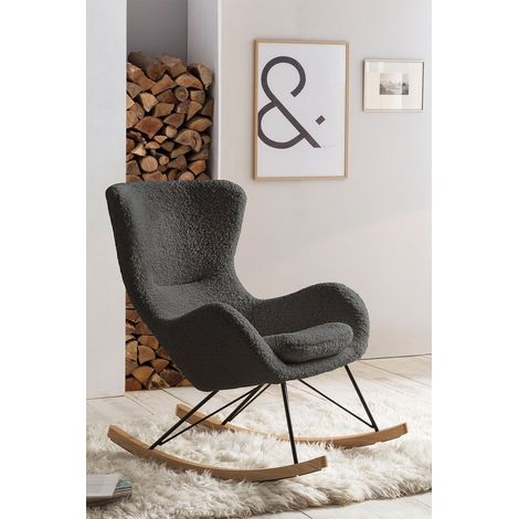Fauteuil à Bascule Scandinave en Fourrure Teddy Gris Foncé avec Pieds en Métal et Bois - PANGIVO (1/5)