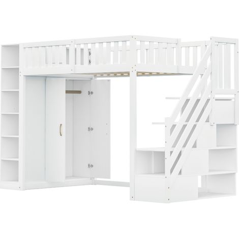 Multifunktions-Hochbett 90 x 200 cm mit Kleiderschrank, Regalen und Stauraumtreppe, weiß (1/5)