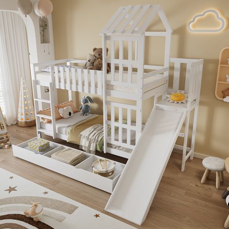 Letto a Castello 90×200 cm, Letto Singolo con Cassetto Grande, Scivolo, Scala e Tetto, senza Materasso, Legno Massello MDF, Bianco
