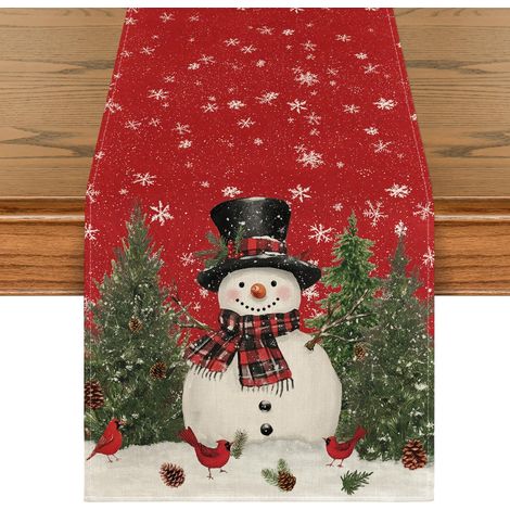 Chemin de Table Rouge Motif Bonhomme de Neige et Oiseaux - Lavable - Moderne - Hiver - Cuisine - Table à Manger - Décoration 40 x 240 cm (1/5)