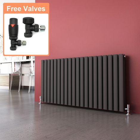 ELEGANT 600 x 1190 mm Anthracite Horizontal Column Designer Radiator Double Oval Panel + Chrome Thermostatic Radiator Valves (1/5)