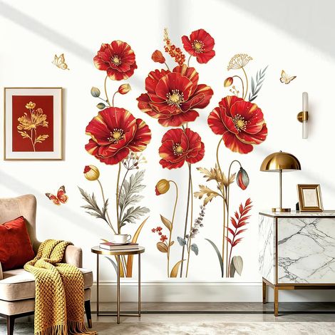 Stickers Muraux Fleur Coquelicots Rouge Autocollant Mural Floral (1/5)