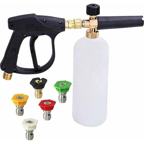 Pistolet à Haute Pression Cannon à Mousse, 1L Réglable 1/4 Rapide Lance de Mousse de Neige Distributeur de Savon Bouteille avec 5 Buses et Pistolet Lance en Mousse pour Lavage de Voiture (1/4)