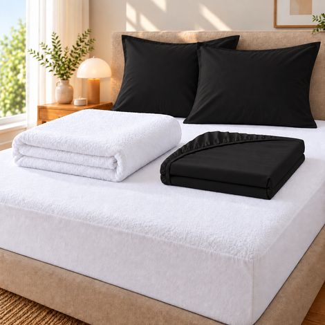 Pack literie – Protège matelas 140x190 imperméable + drap housse + 2 taies Noir (1/5)