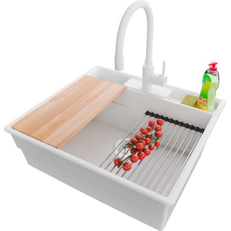 PRIMAGRAN Evier Cuisine en Granit 58x53cm,Lavabo 1 bac + Robinet 38x14cm + Kit de Vidage + Accessoires, Évier à Encastrer au meuble 60cm - New York, Blanc (1/5)