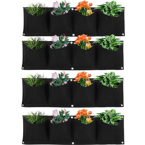 4Pcs Jardinière Murale Extérieure à Suspendre Verticale 4 Pocket Plant Grow Bag Fixé au Mur Réutilisable et Dégradable en Feutre Herbes, Plantes Succulentes ou Fleurs Artificielles(Noir) (1/5)