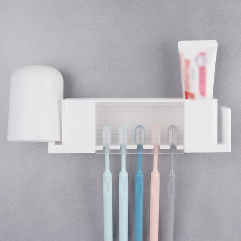 Porte-brosse à dents mural à 5 compartiments avec couvercle, boîte de rangement autocollante pour brosse à dents, dentifrice et brosse à dents, blanc (1/5)