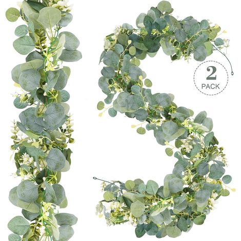2 guirlandes eucalyptus artificielles luxuriantes avec fleurs - Lianes vertes suspendues, déco murale pour chambre (1/5)
