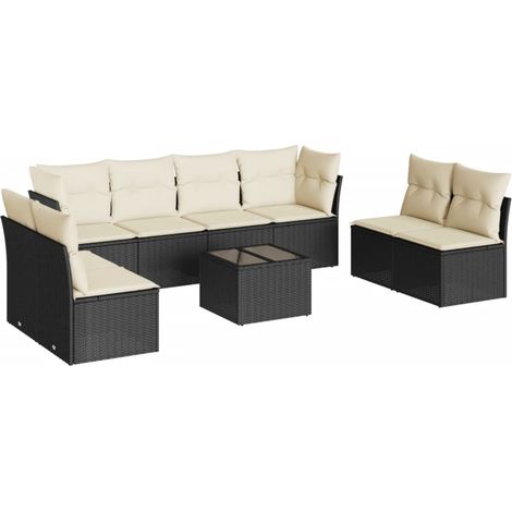 Salon de jardin 9 pcs Mobilier de jardin avec coussins noir résine tressée (1/5)