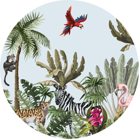 papier peint panoramique rond adhésif animaux de la jungle vert, bleu et rose - Sanders & Sanders (1/4)