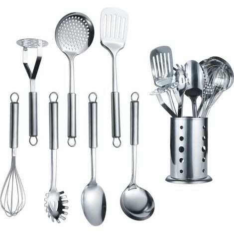 1-piece stainless steel kitchen utensil set with 1 holder, kitchen spoon, kitchen utensils with holder (8 pieces) (1/4)