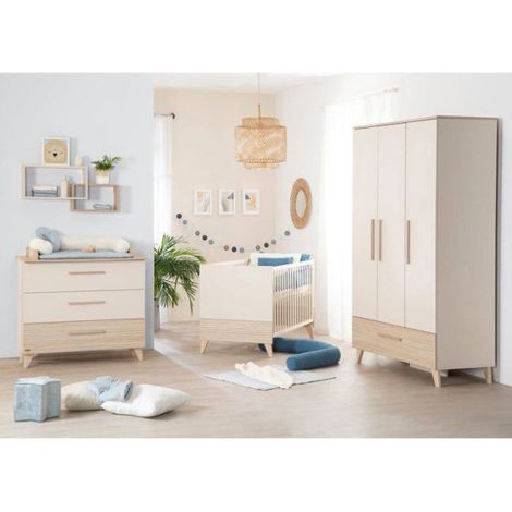 Chambre bébé trio : Lit évolutif 70 x 140 cm + Commode a langer + Armoire - SIDNEY - ROBA - Chene / Beige