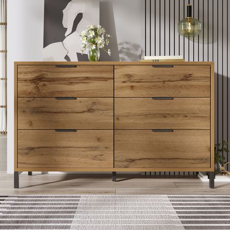 Buffet de rangement 120x40x76 cm Commode 6 tiroirs avec grand rangement, panneau de particules effet chêne foncé, pieds et poignées en métal noir (1/5)