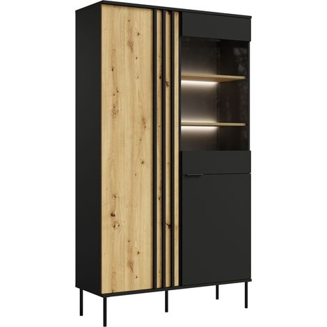Vitrinen-Design IZO – 2 Türen – Onyx Schwarz & Helles Eichenholz – 110x195x40 cm