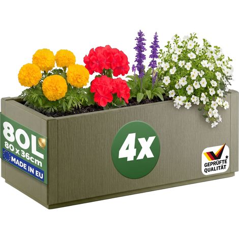 CASARIA® Jardinière Ethica 80x36x36cm 80L résistante aux intempéries fond d'écoulement Bac à fleurs Pot de fleurs Jardin 4x vert olive