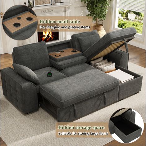 Canapé d'angle convertible 3 places avec rangement, table rabattable, porte-gobelets et usb (1/5)