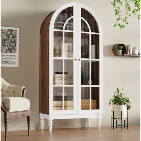 Buffet vitrine 76x38,5x165 cm en MDF blanc, avec rangement pour salle à manger FloraGrace (1/5)