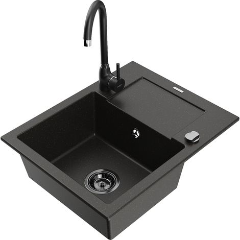 Mexen Enzo lavello in granito 1-vasca con sgocciolatoio e rubinetto da cucina Telma, nero/oro - 6506-75-670200-70-B (1/5)