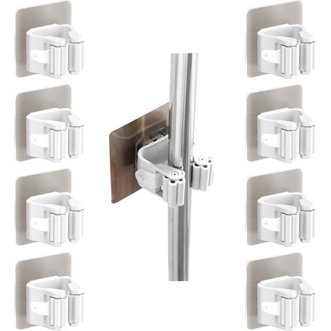 Accroche Balai Mural 8 Pièces Sans Percage, Porte Balais Multifonction Blanc pour Salle de Bain, Cuisine, Bureau, Placard, Jardin et Garage (1/2)