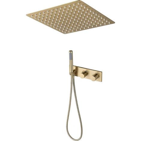 Colonne de Douche Thermostatique Dorée, Moderne 16inch / 400mm Pluie Ensemble de Douche Encastré, Système de Douche Encastré Pose au Plafond, Douchette, 59A Laiton (Or Brossé) (1/5)