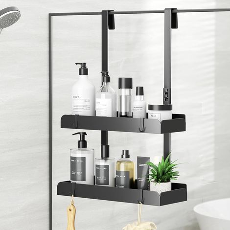 Étagère de douche à suspendre - 2 étages - Hauteur : 55,5 cm - Sans perçage - En acier inoxydable - Avec crochets - Organiseur de salle de bain pour shampooing - Noir (1/5)