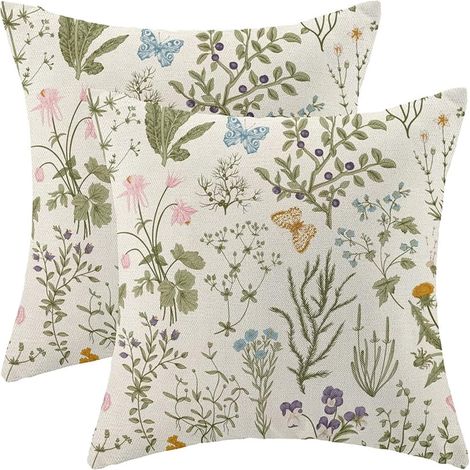 Housse De Coussin - 45 x 45 cm - Lin Coton - Motif Fleur Sauvage - Vert Sauge - Pour Canapé Lit Chaise - Lot De 2 (1/5)