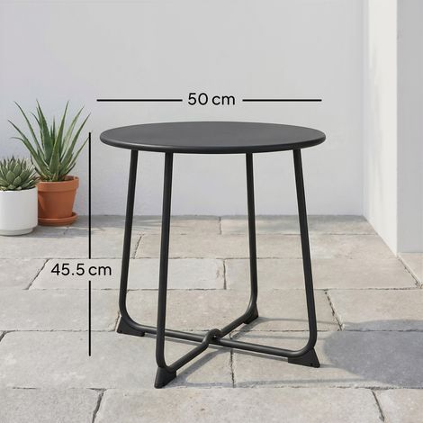 Table basse ronde d'extérieur, diamètre 50 cm, en métal avec piètement en X et pieds antidérapants, noire. (1/5)