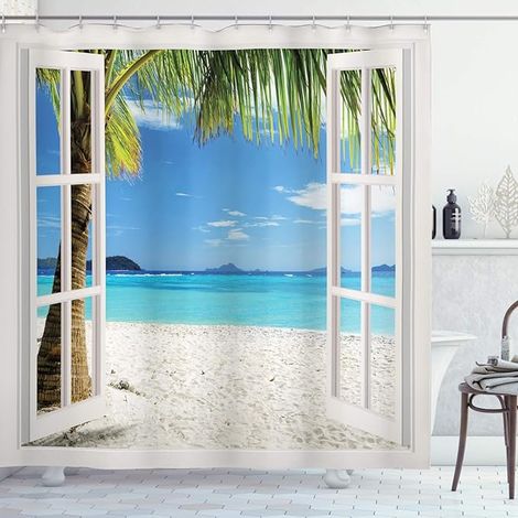 Strand-Duschvorhang aus Polyester (180 x 180 cm), tropisches Palmenstrand-Design (1/4)