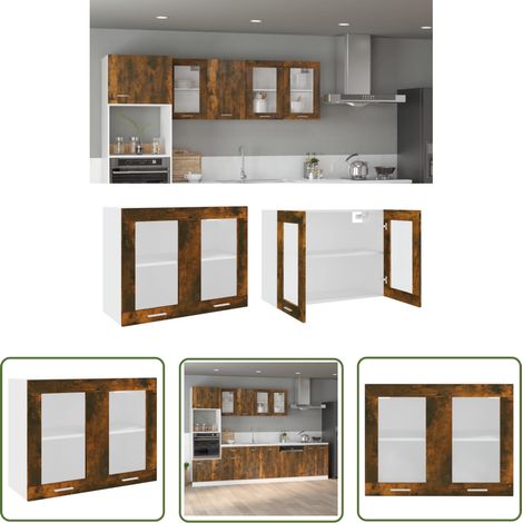 The Living Store Armoire en verre suspendue Chêne fumé Bois d'ingénierie - Armoire Suspendue - Meuble De Cuisine - Rangement Mural - Armoire Murale - Bois D'ingénierie (1/5)