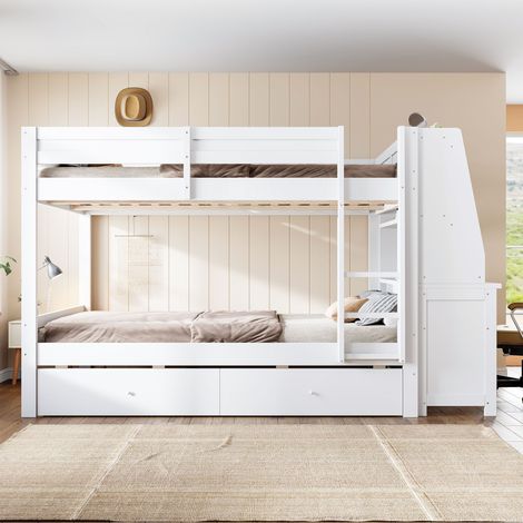 Lit superposé 140x200 cm avec bureau, armoire latérale réversible, étagères, rangements, 2 tiroirs, garde-corps et sommier à lattes, blanc (1/5)