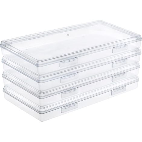 Lot de 4 Boite de rangement, Plastique transparent, Couvercle fermoir, Pour perles bijoux artisanat, 19.5x10.5x2.3 cm