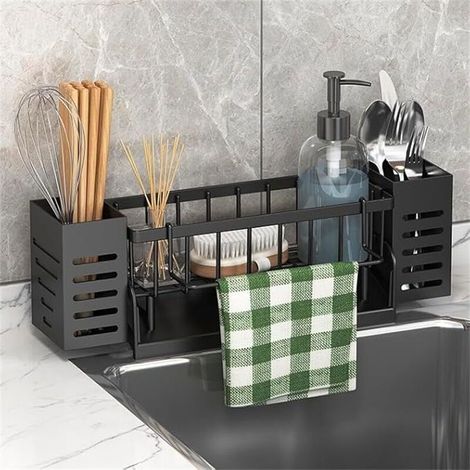 Spülbecken-Organizer, Küchenschwammhalter, Spülbecken-Organizer mit Geschirrtuchhalter und Aufbewahrungsbox, mit automatischer Abtropfschale, Schwarz (1/4)