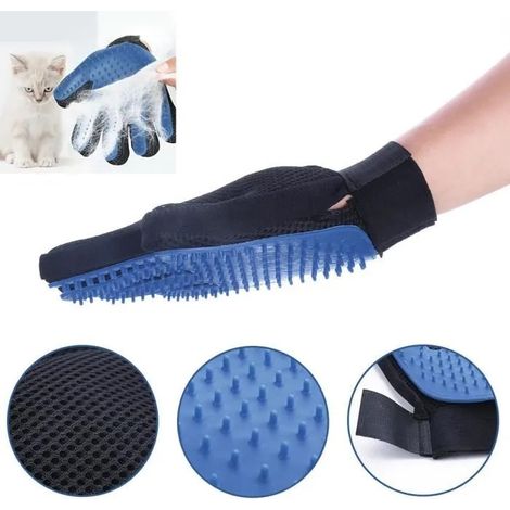 Gants de brossage pour droitier, adaptés aux poils de chat et de chien — nettoyage doux et efficace, bleus. (1/3)