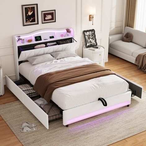 Lit coffre 160x200,lit double rembourré 160x200 avec LED intégrée et rangement, lit coffre 4 tiroirs, tête de lit avec étagères et station de recharge, tissu velours crème