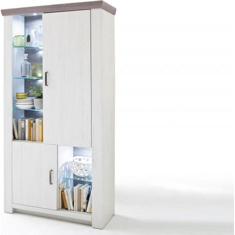 Vitrine / Vaisselier en pin blanc et chêne Nelson + LED - L.110 x H.210 x P.45 cm -PEGANE-